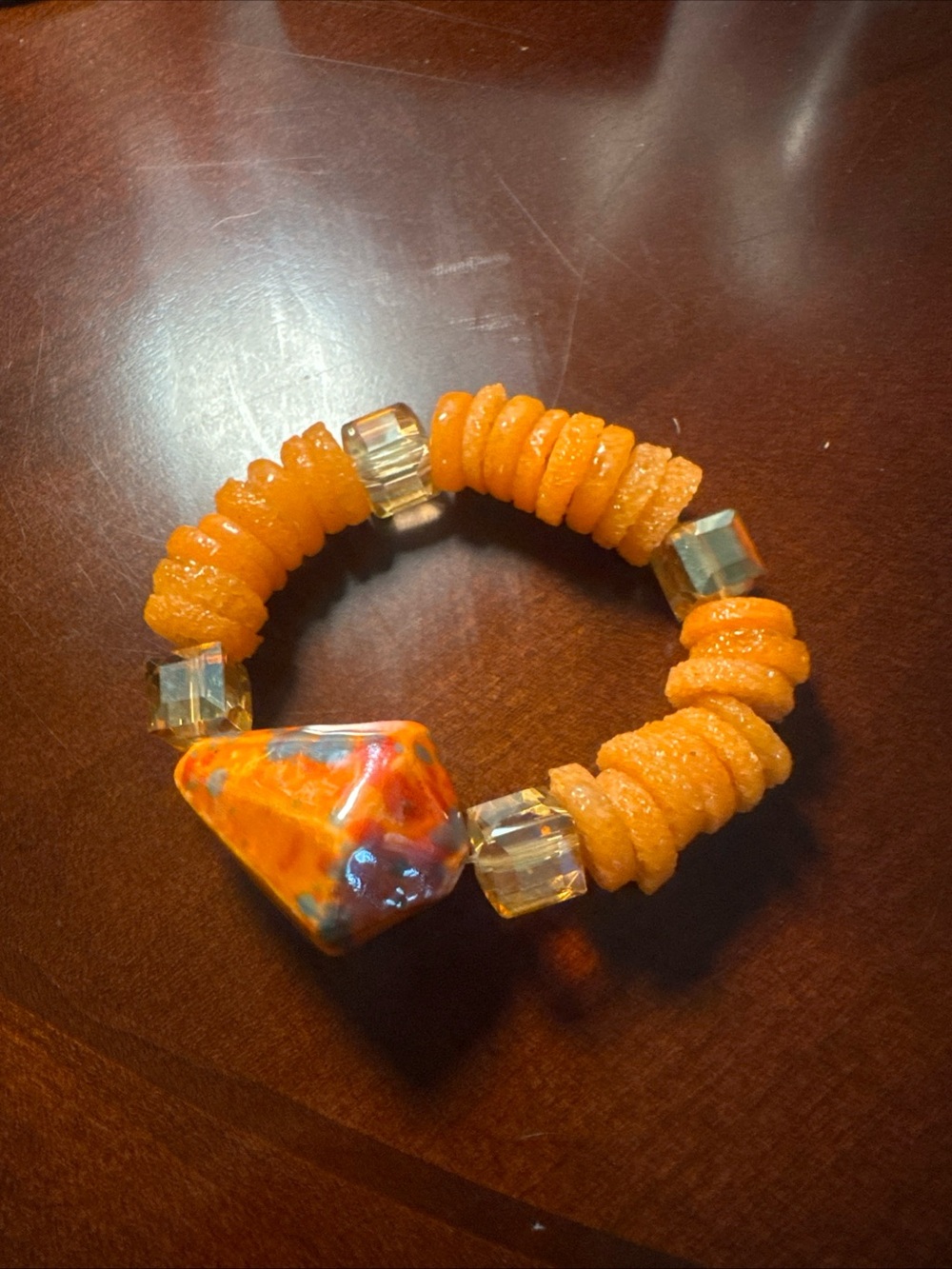 Chunky Orange Beaded Stretch Bracelet with Faceted Accent Beads